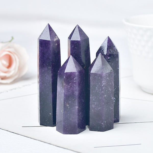 1PC Natural Crystal Point Lapidolite Wand Healing Stone Energy Quartz Home Decoration Reiki Obelisk Polished 50-80mm Tower