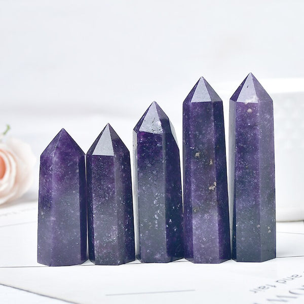 1PC Natural Crystal Point Lapidolite Wand Healing Stone Energy Quartz Home Decoration Reiki Obelisk Polished 50-80mm Tower