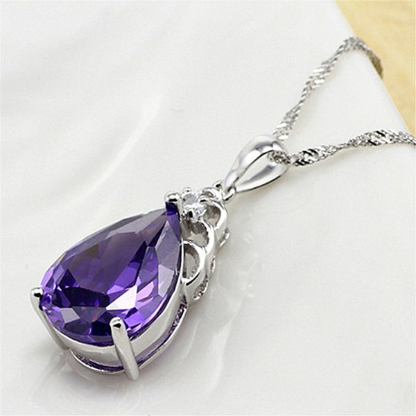 Necklace 925 Silver Jewelry Water Drop Shape Amethyst