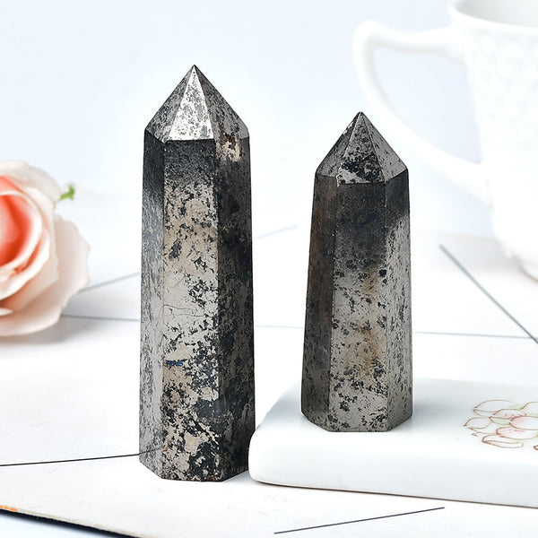 Natural Hematite Crystal Point Healing Stone Obelisk Pyrite Quartz Wand Beautiful Ornament for Home Decor Energy Stone Pyramid