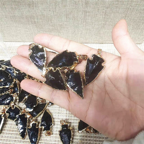 Crystals Healing Natural Gilt Edge Black Obsidian Arrowhead Crystal Pendants For Gift Jewelry