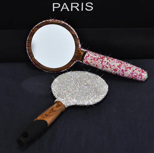 Handmade Rhinestone Makeup Mirror Wooden Portable Handle