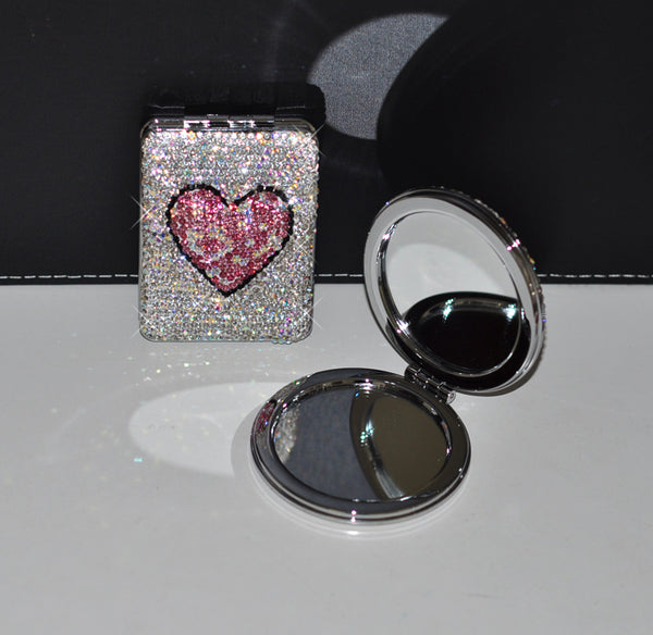 Handheld Bling Rhinestone Heart Foldable Mirror